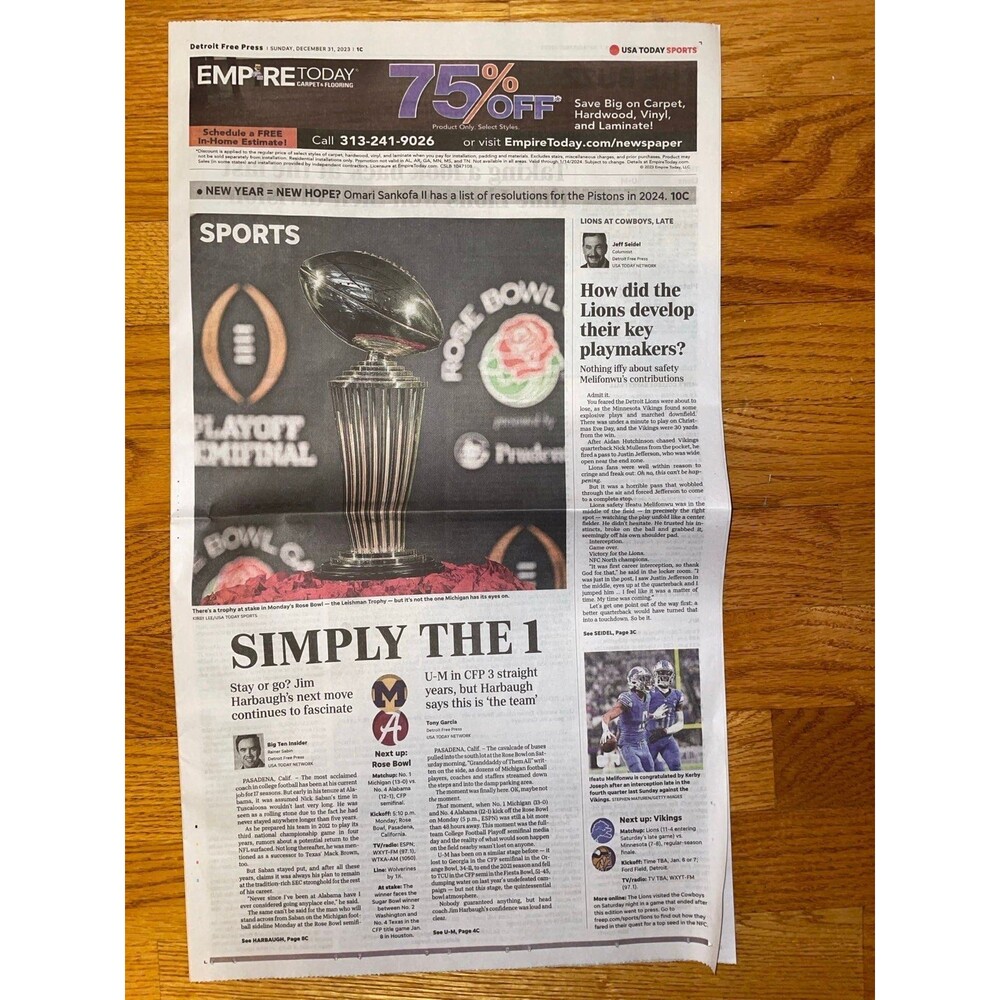 Michigan Wolverines Alabama preview Free Press newspaper 12/31/23